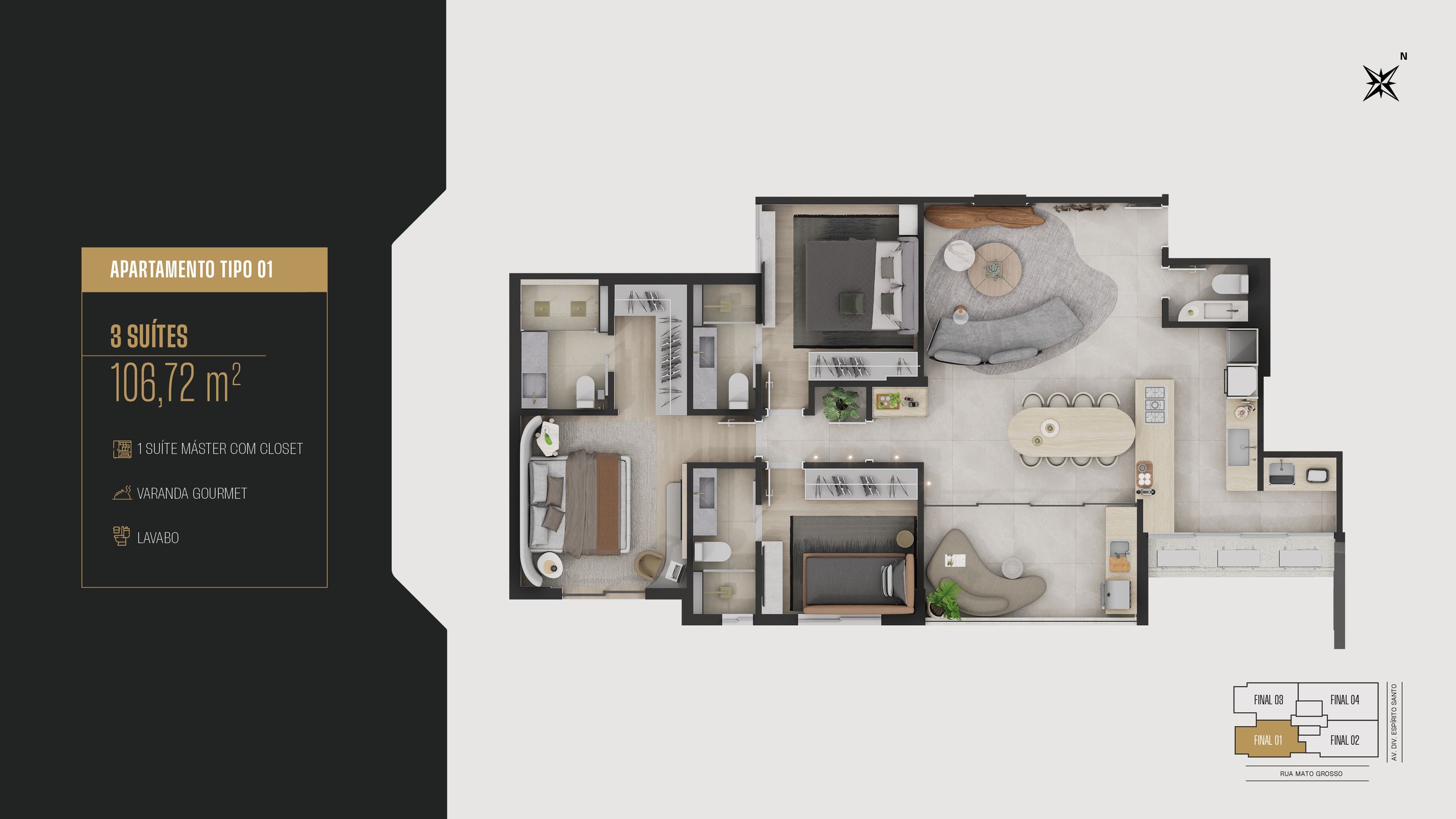 Planta do apartamento tipo 01 — 3 suítes, 106,72 m²