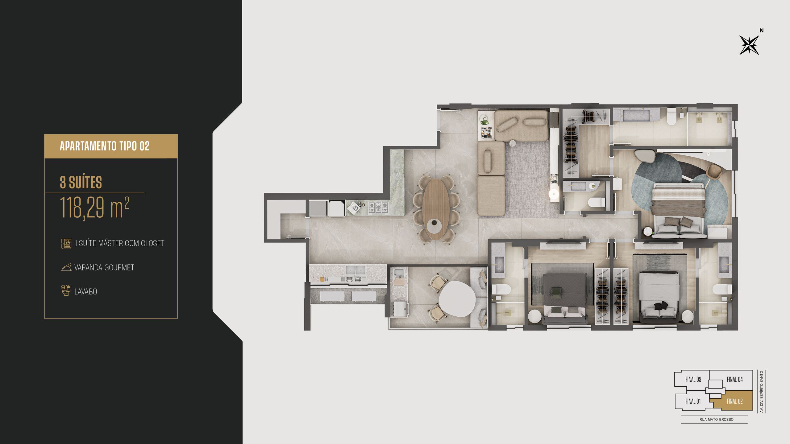 Planta do apartamento tipo 02 — 3 suítes, 118,29 m²